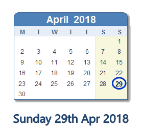 April 29, 2018 calendar