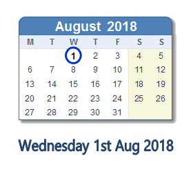 1 August 2018 calendar