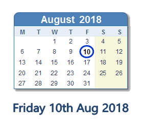 10 August 2018 calendar