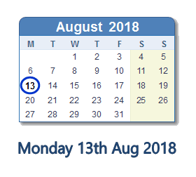 13 August 2018 calendar