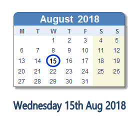 15 August 2018 calendar