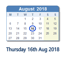 16 August 2018 calendar