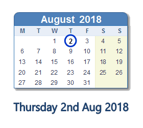 2 August 2018 calendar
