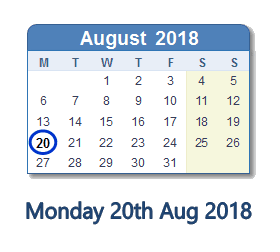 20 August 2018 calendar