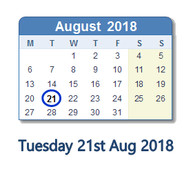 21 August 2018 calendar