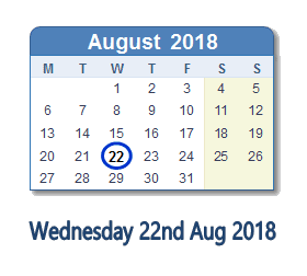 22 August 2018 calendar