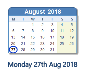 27 August 2018 calendar