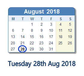 28 August 2018 calendar