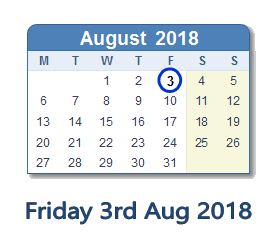 3 August 2018 calendar