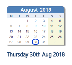 30 August 2018 calendar