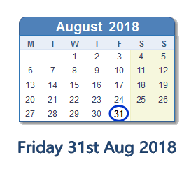 31 August 2018 calendar