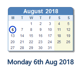 6 August 2018 calendar