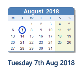 7 August 2018 calendar