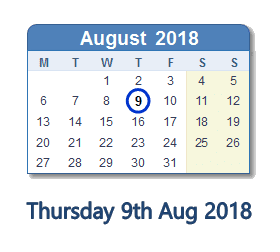 9 August 2018 calendar