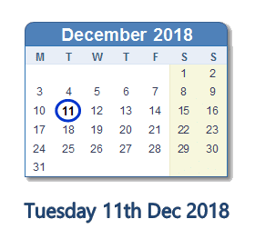 11 December 2018 calendar