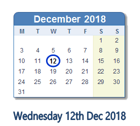 12 December 2018 calendar
