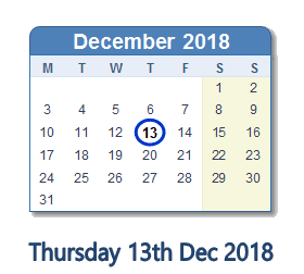13 December 2018 calendar