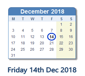14 December 2018 calendar