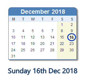 16 December 2018 calendar