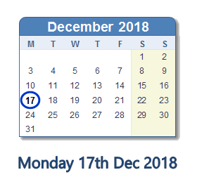 17 December 2018 calendar