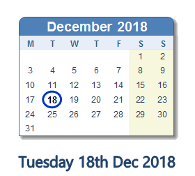 18 December 2018 calendar