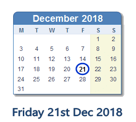 21 December 2018 calendar