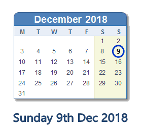 9 December 2018 calendar
