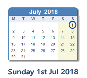 1 July 2018 calendar