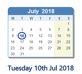 10 July 2018 calendar