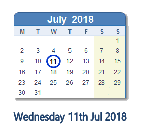 11 July 2018 calendar