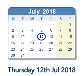 12 July 2018 calendar