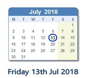13 July 2018 calendar