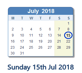 15 July 2018 calendar