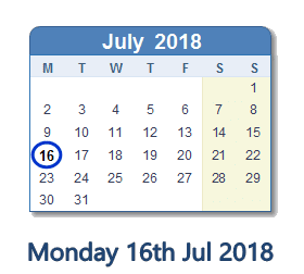 16 July 2018 calendar