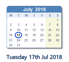 17 July 2018 calendar
