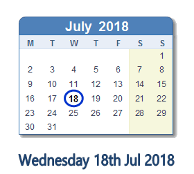 18 July 2018 calendar
