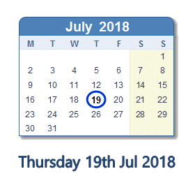 19 July 2018 calendar