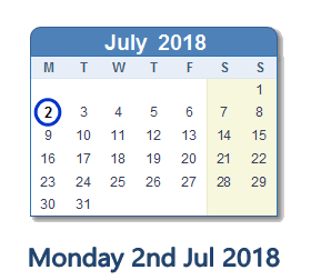 2 July 2018 calendar