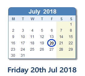 20 July 2018 calendar