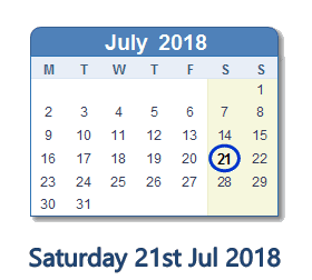 21 July 2018 calendar