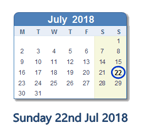 22 July 2018 calendar