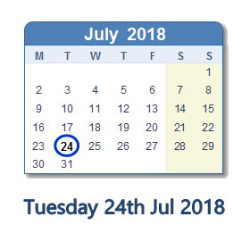 24 July 2018 calendar