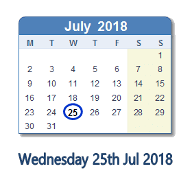 25 July 2018 calendar