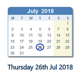 26 July 2018 calendar