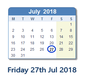 27 July 2018 calendar