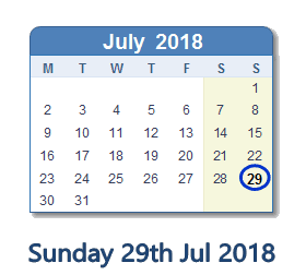 29 July 2018 calendar