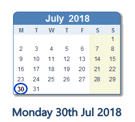 30 July 2018 calendar