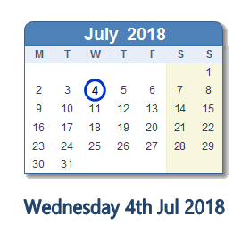 4 July 2018 calendar