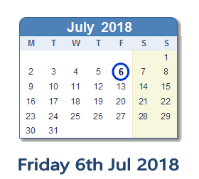 6 July 2018 calendar