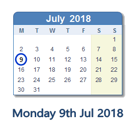 9 July 2018 calendar